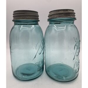 Antique Ball Perfect Mason Aqua Blue Quart Jars Zinc Lids Set of 2